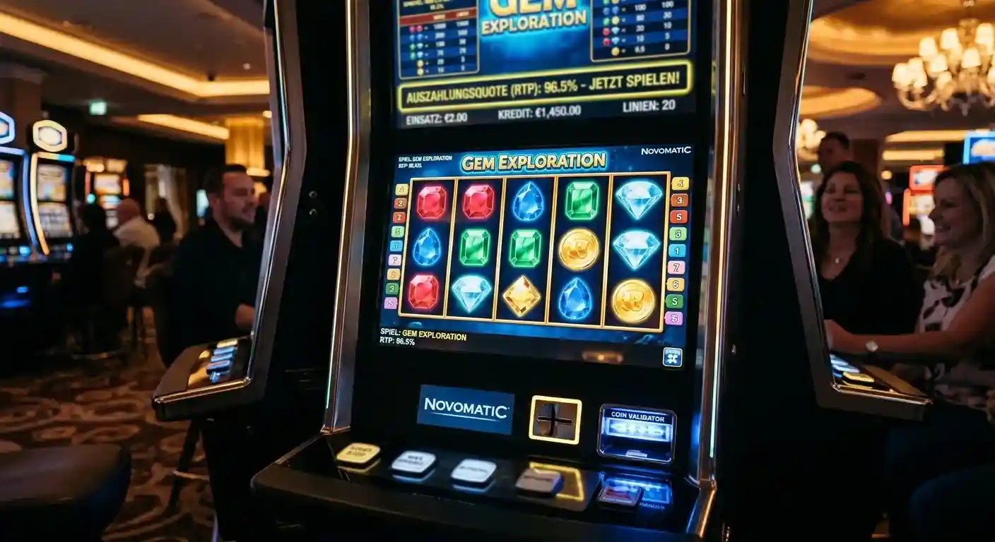 Spielautomaten-Interface mit sichtbarer RTP-Anzeige über 96 Prozent in neutralem Casino-Ambiente