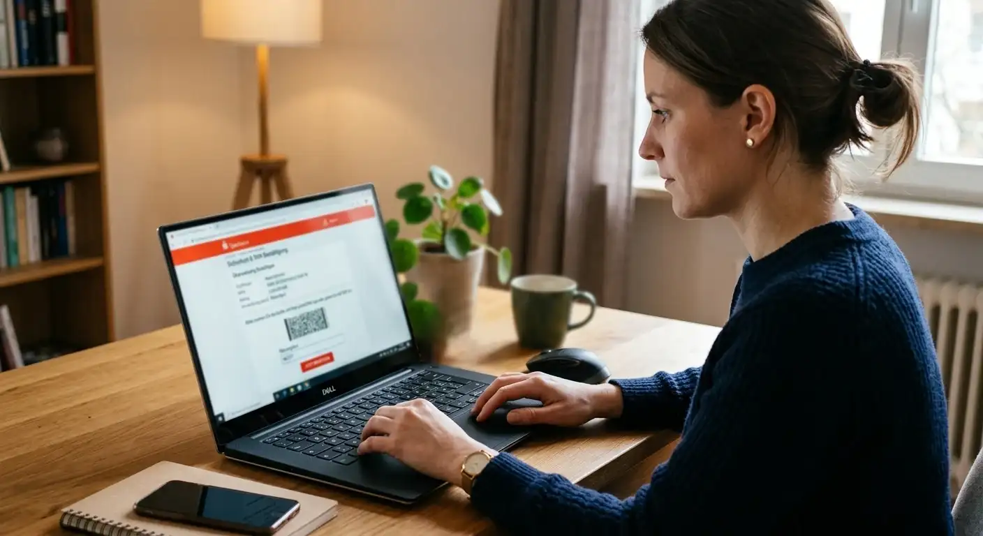 Person am Laptop mit Online-Banking-Oberfläche und TAN-Bestätigung