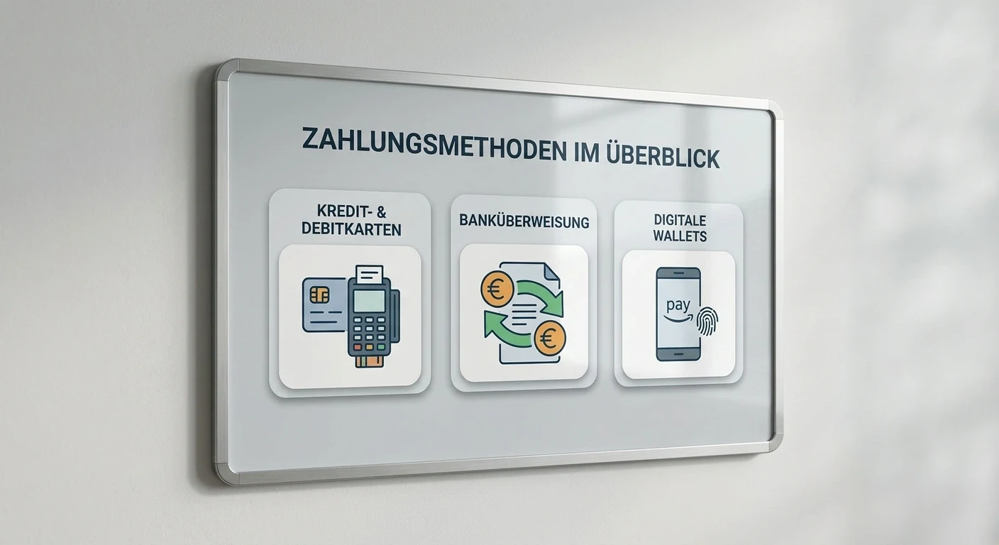 Vergleichstafel mit drei neutralen Zahlungssymbolen auf hellem Hintergrund