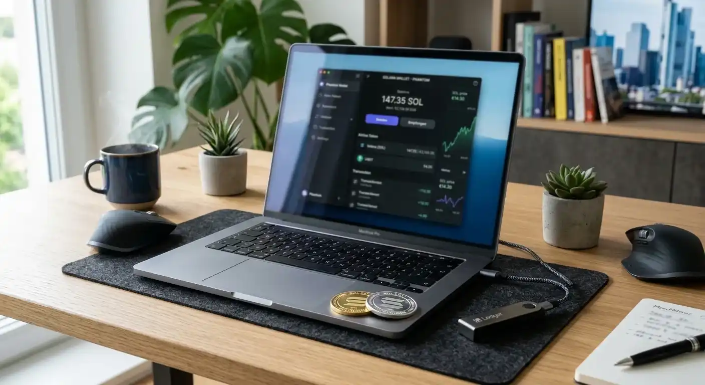 Laptop mit Krypto-Wallet und Solana-Coins auf modernem Schreibtisch