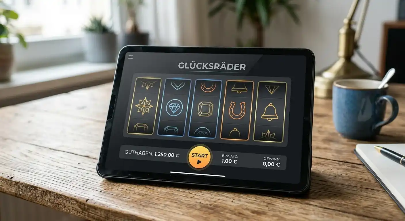 Tablet auf einem Schreibtisch zeigt abstrakte Walzen und neutrale Spielsymbole ohne Markenbezug