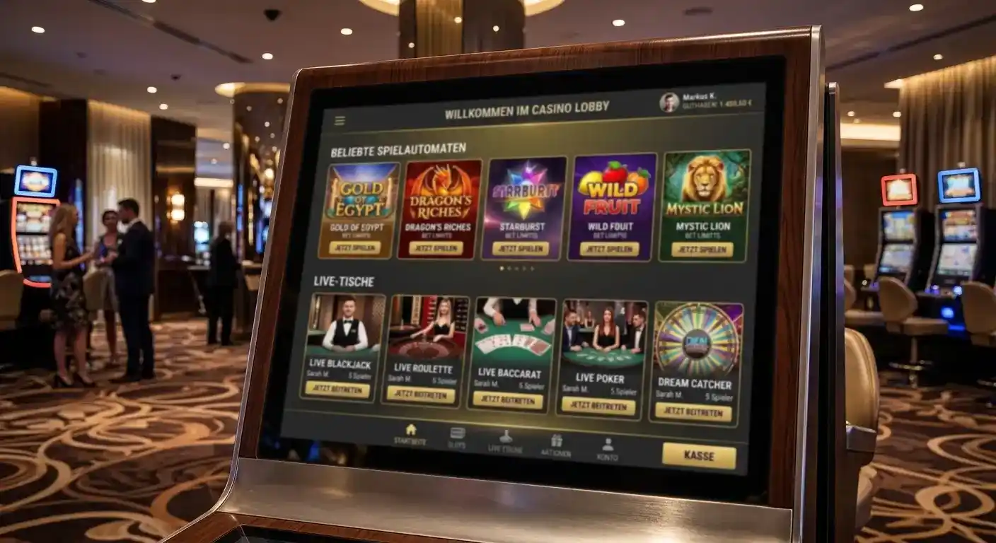 Auswahl verschiedener Spielautomaten und Live-Tische im Casino-Lobby-Interface