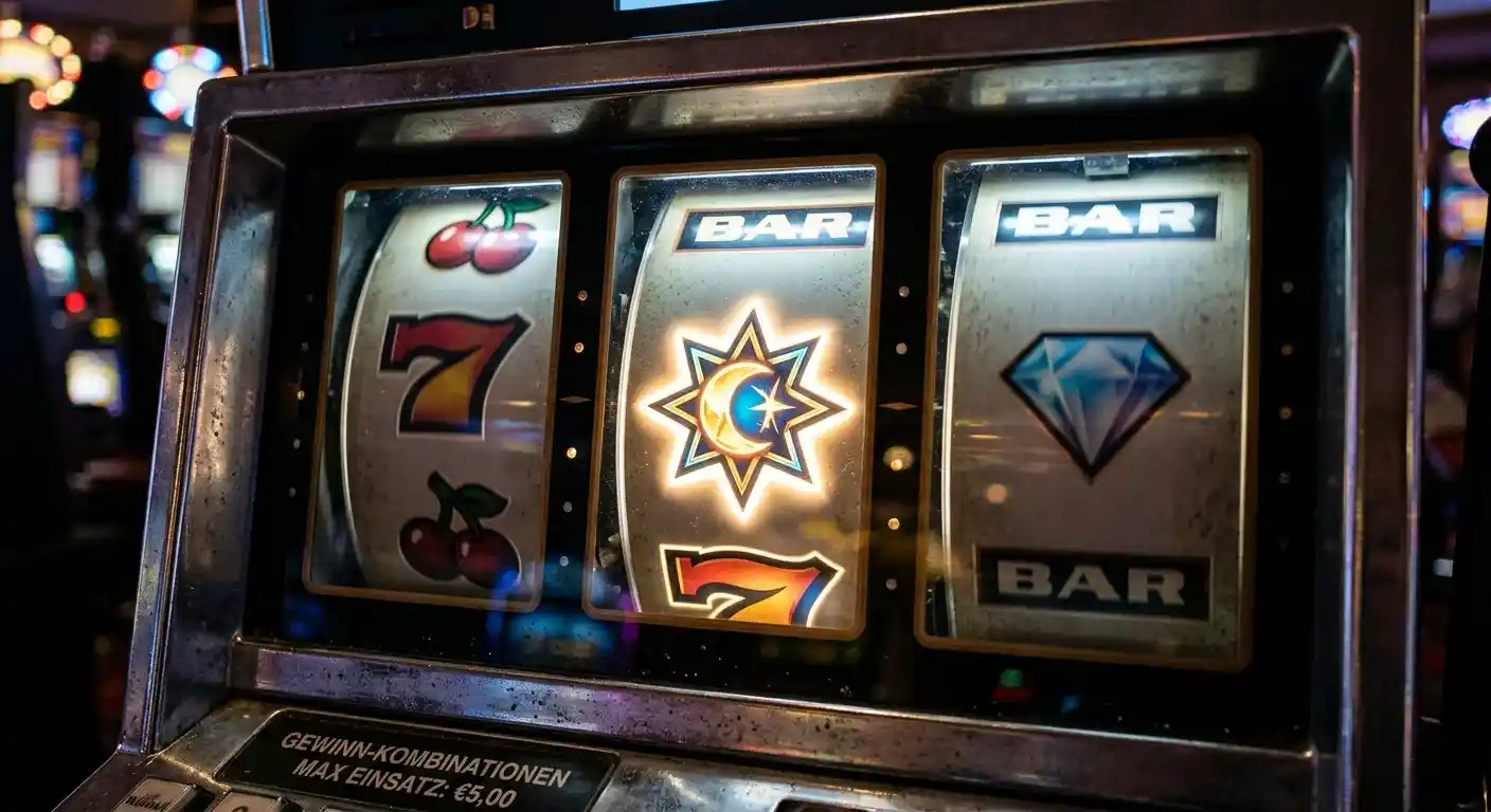 Nahaufnahme von Spielautomaten-Walzen mit abstrakten Symbolen und leuchtendem Akzent auf einer Walze