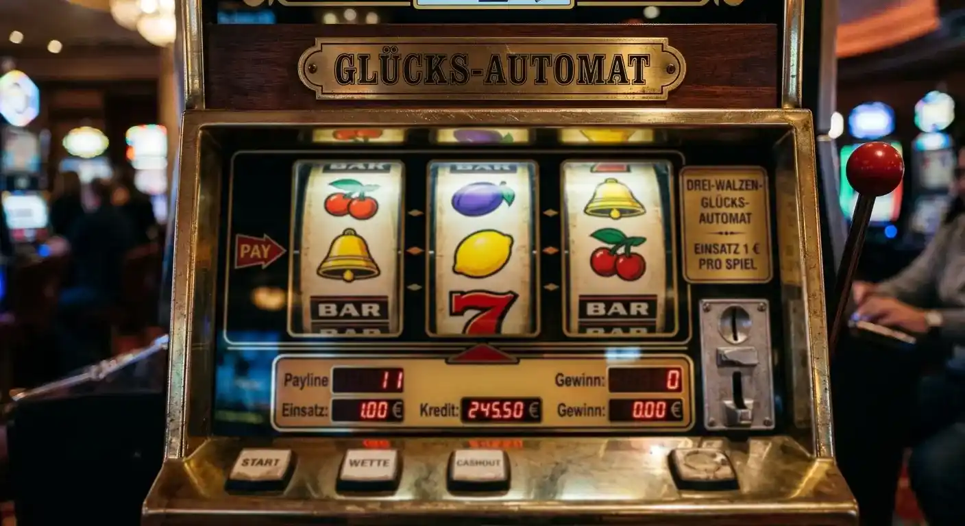 Nahaufnahme eines klassischen Drei-Walzen-Automaten mit einfachen Frucht- und Glockensymbolen