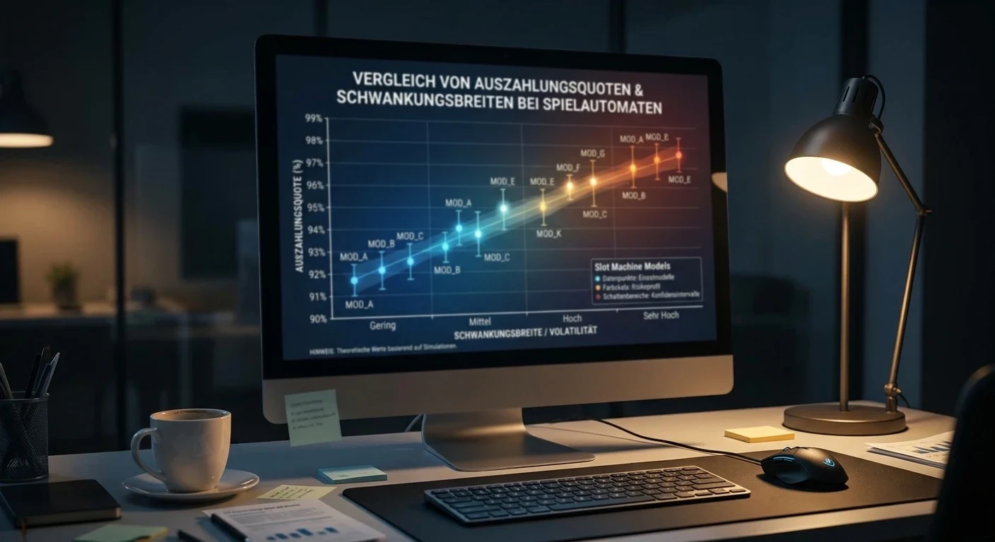 Diagramm mit Auszahlungsquote und Schwankungsbreite verschiedener Spielautomaten ohne Markenlogos