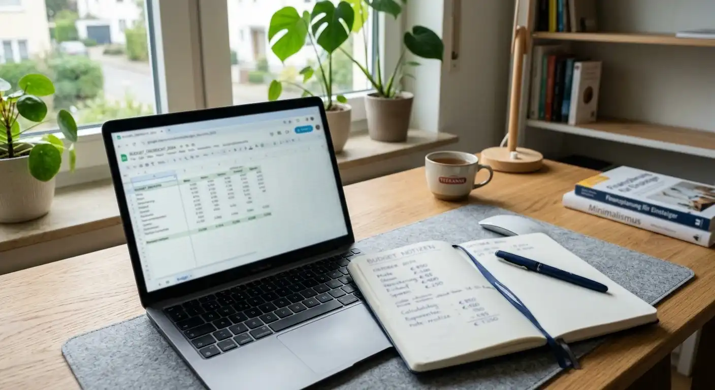 Ruhiger Arbeitsplatz mit Laptop und handschriftlichen Budgetnotizen in neutraler Umgebung