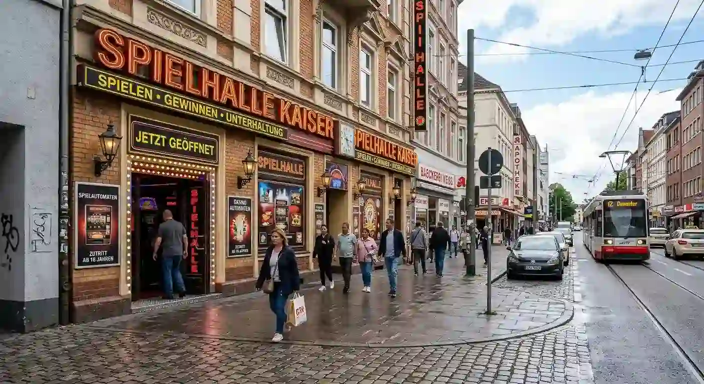 Deutsche Stadtstraße mit einer klassischen Spielhallen-Fassade im Hintergrund bei Tageslicht