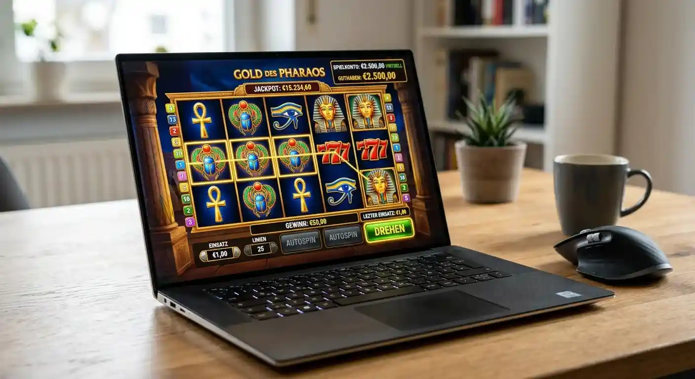 Laptop-Bildschirm mit Demo-Spielautomaten-Interface und virtuellem Guthaben-Anzeige