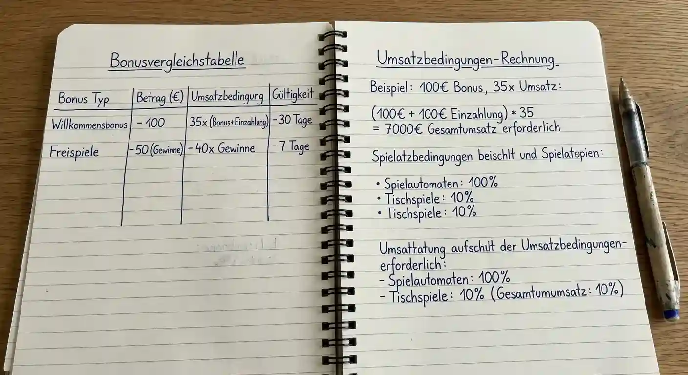 Dokument mit Bonusvergleichstabelle und Umsatzbedingungen-Rechnung auf Notizblock