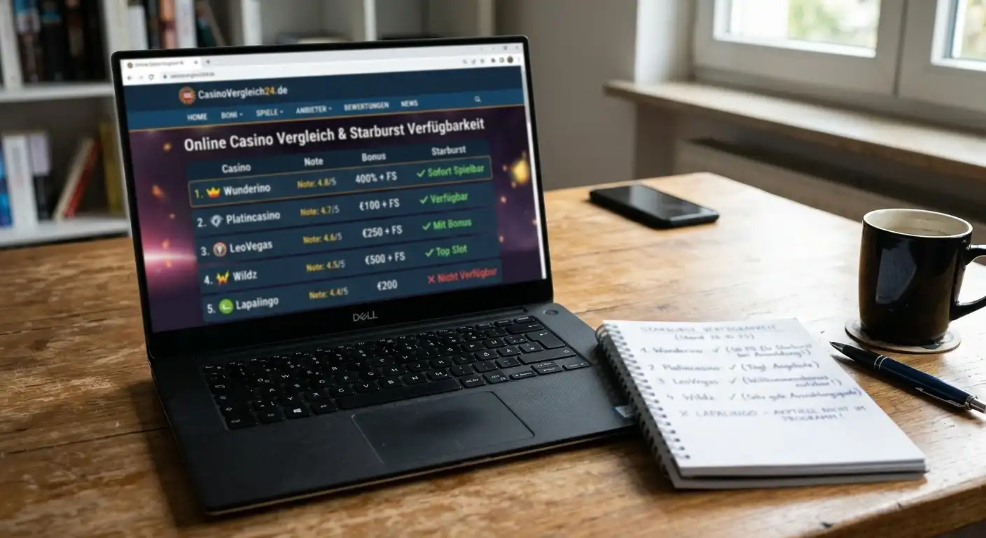 Laptop mit geöffnetem Online-Casino-Vergleich und Notizen zu Starburst-Verfügbarkeit