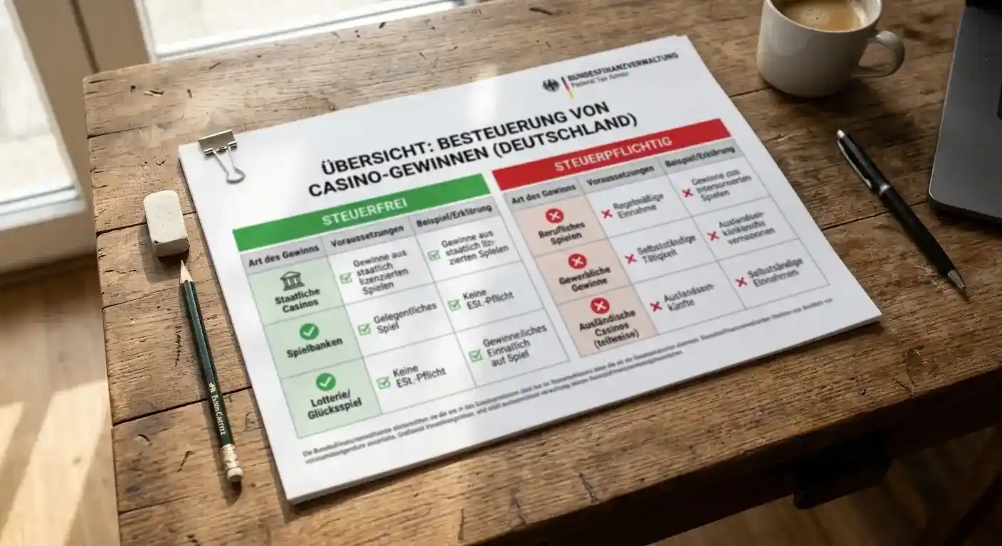 Übersichtsblatt mit Häkchen und Kreuzen zur Steuerpflicht von Casino-Gewinnen