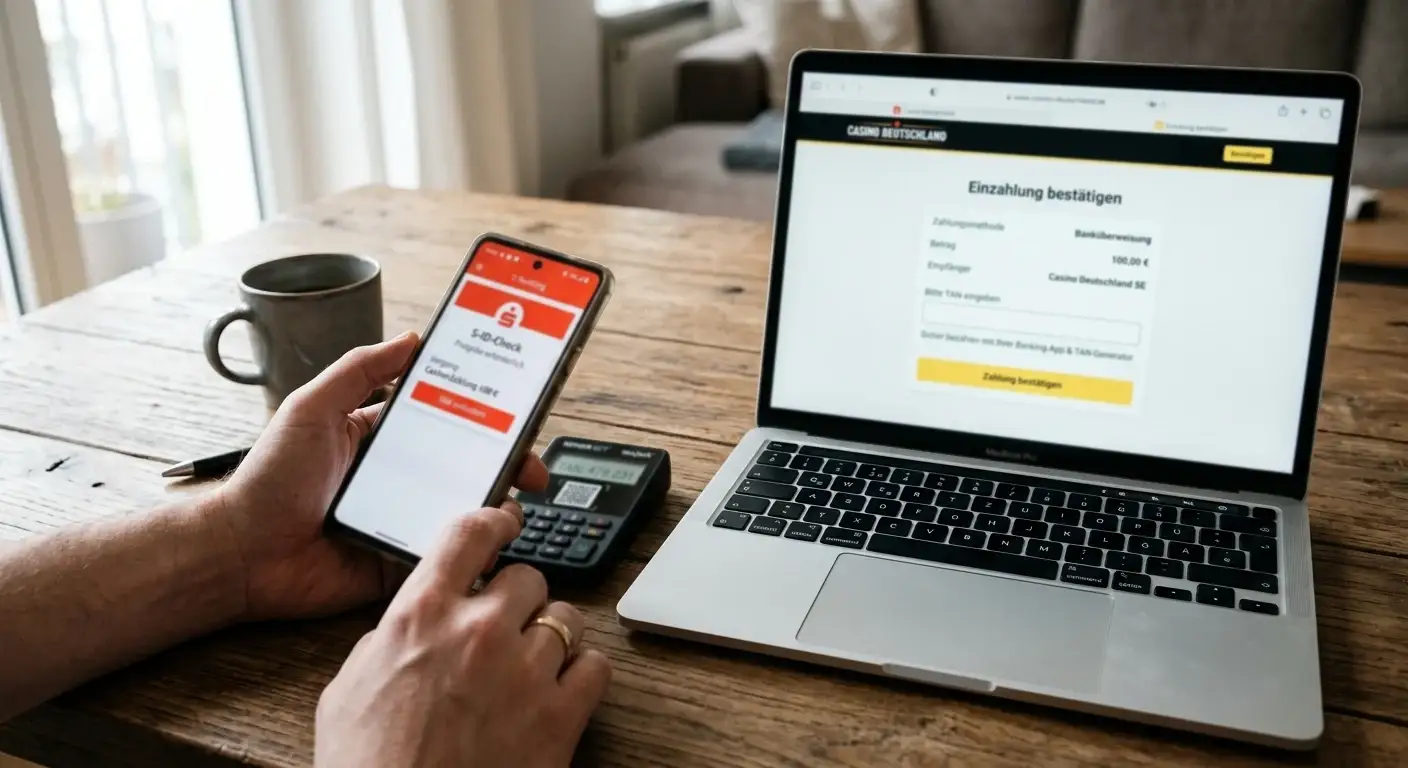 Smartphone und Laptop mit TAN-Generator und Banking-App für Casino-Zahlungen