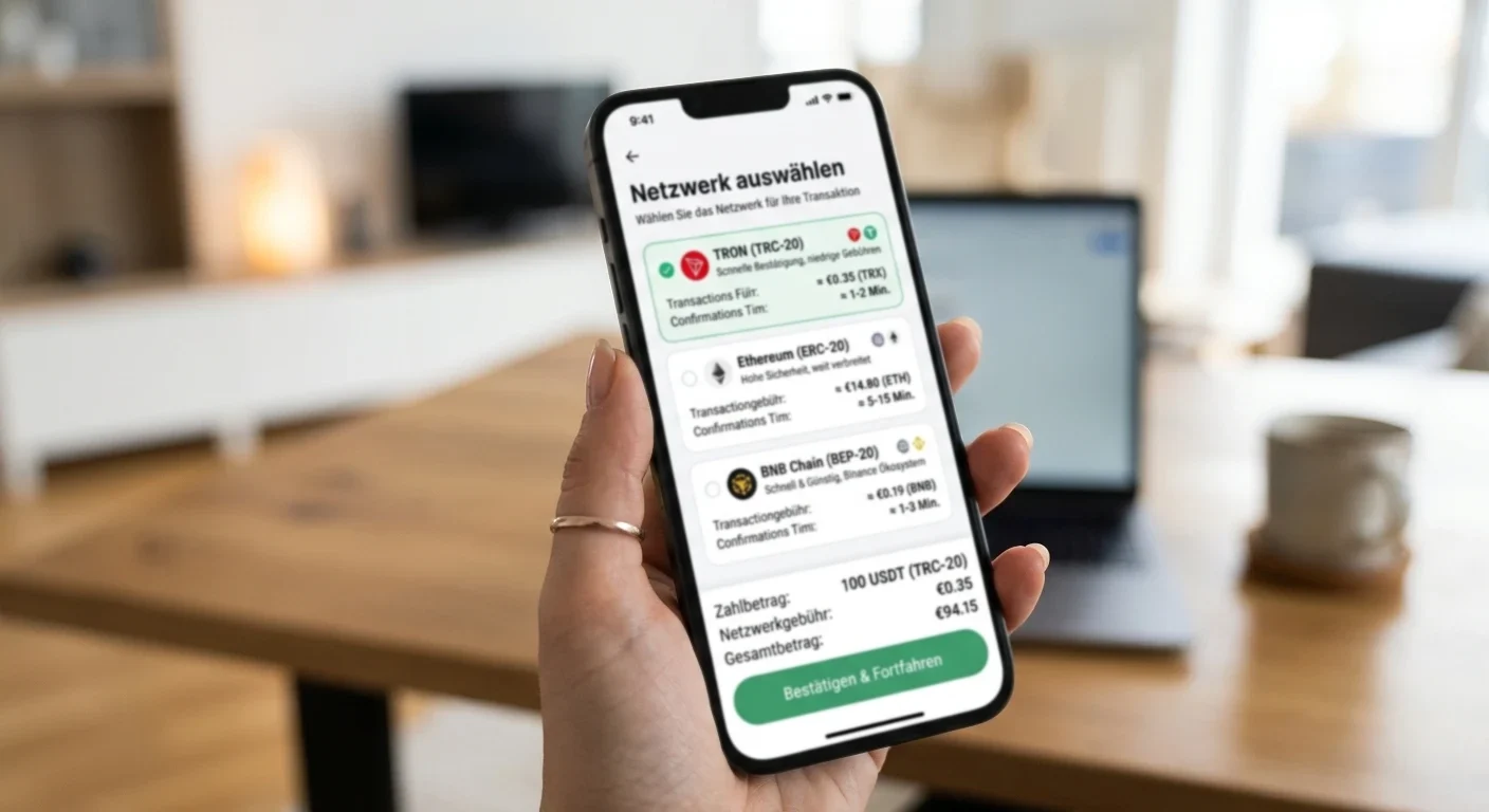 Smartphone zeigt Casino-Auszahlungsbildschirm mit USDT-Transfer und Blockchain-Bestätigung