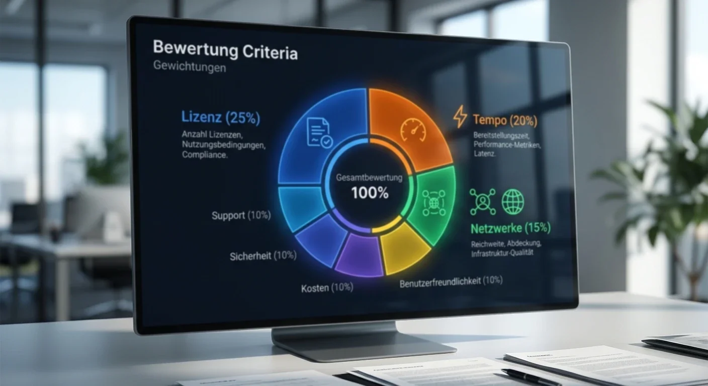 Bewertungskriterien-Grafik mit Gewichtungen: Lizenz 25%, Tempo 20%, Netzwerke 15%