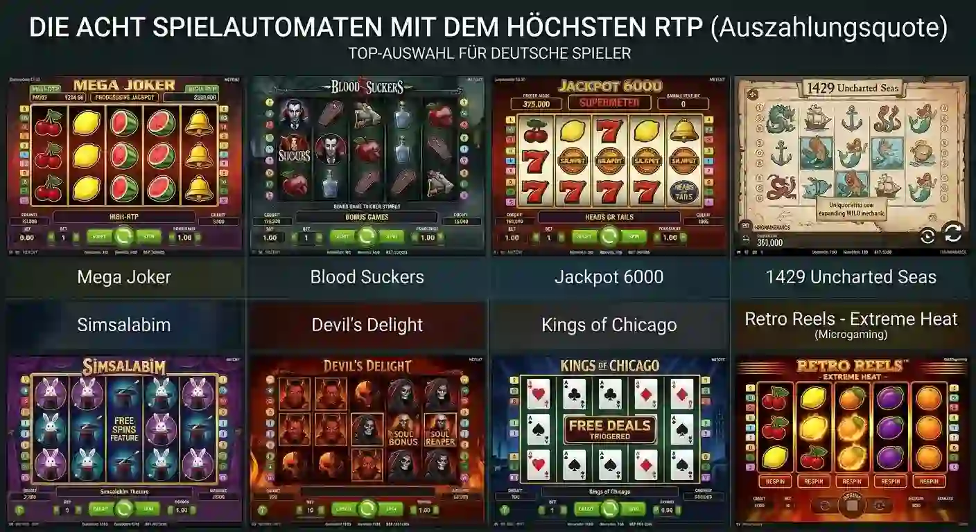 Collage aus Screenshots der acht Spielautomaten mit höchstem RTP: Mega Joker, Blood Suckers, Jackpot 6000 und weitere