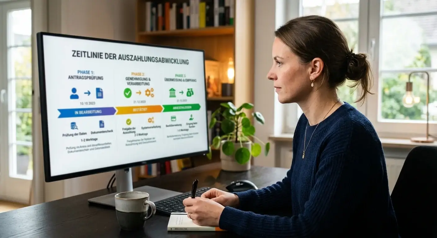 Person betrachtet Zeitlinie-Grafik mit drei Phasen der Auszahlungsabwicklung