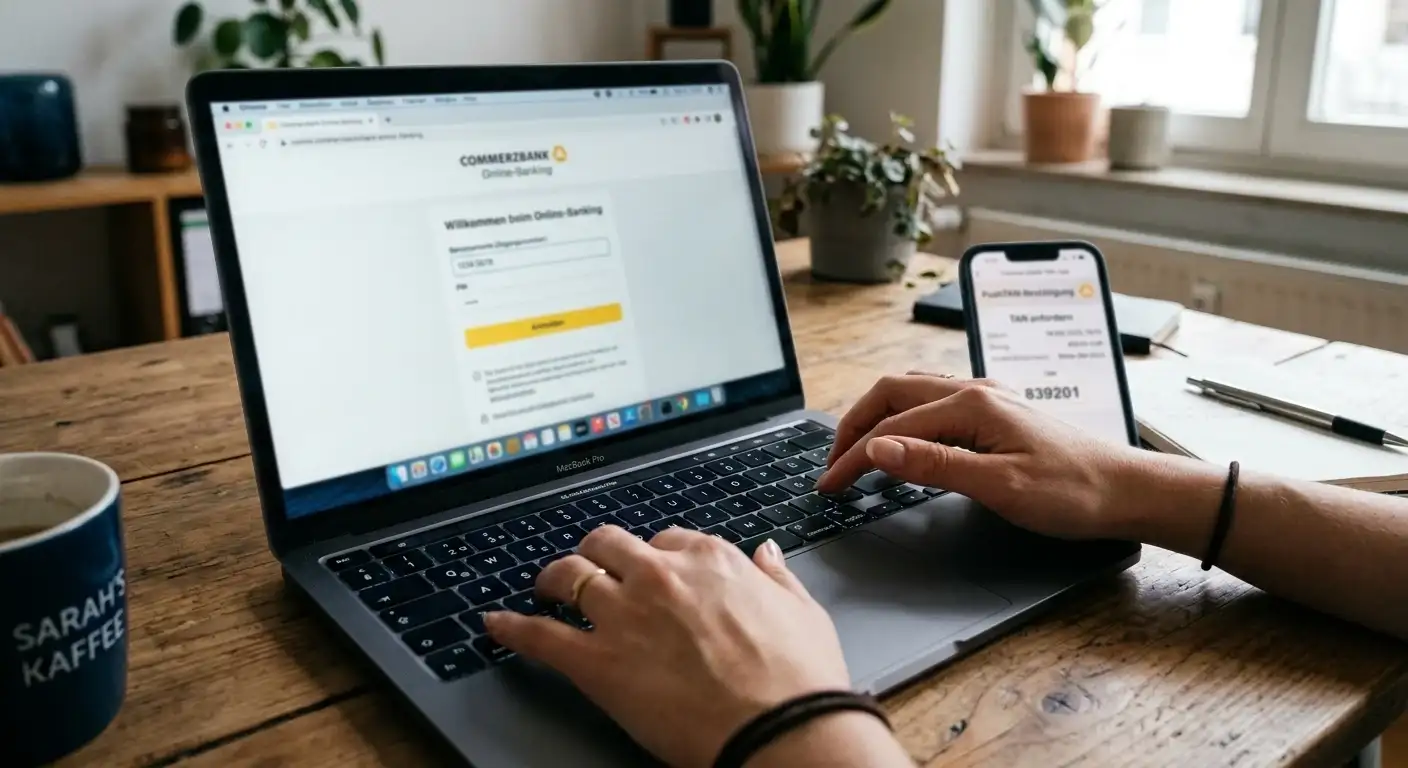 Hände an der Laptop-Tastatur mit Online-Banking-Login und Smartphone mit TAN-Bestätigung