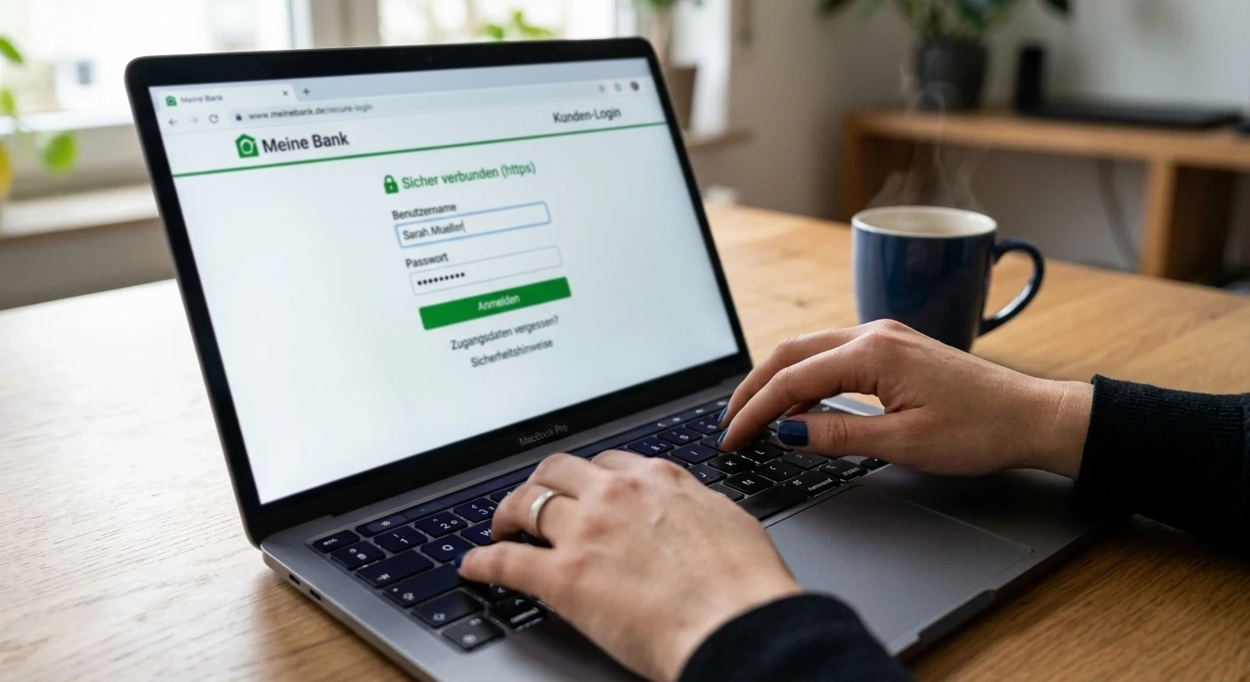 Hände an Laptop-Tastatur mit sicherer Banking-Login-Oberfläche