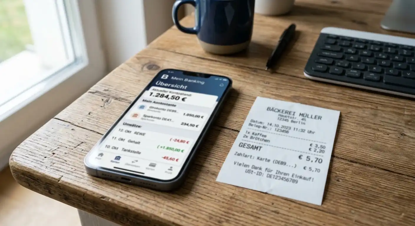 Smartphone mit generischer Banking-App neben Zahlungsbeleg auf einem Schreibtisch