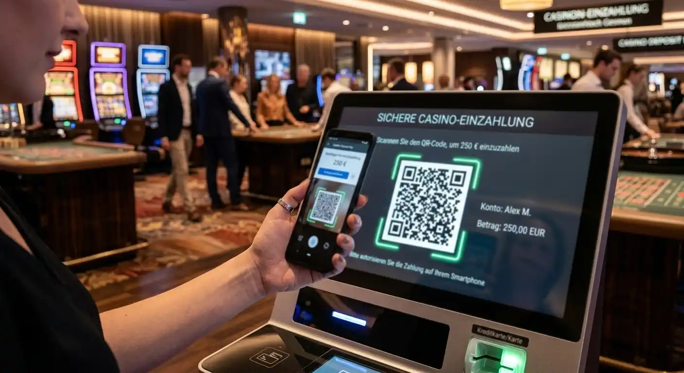 QR-Code und Smartphone bei einer kontrollierten Casino-Einzahlung