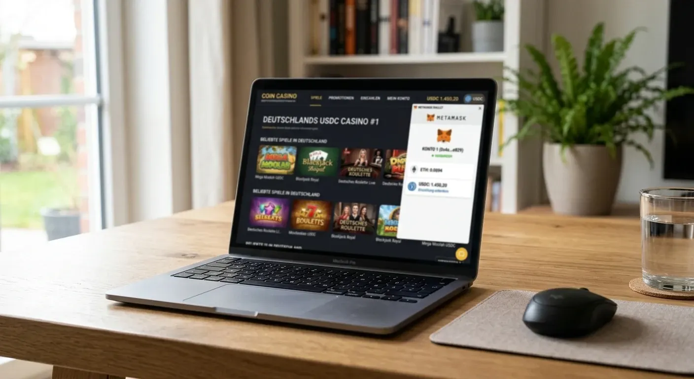 USDC-Casino mit Laptop und Wallet-Interface für deutsche Spieler