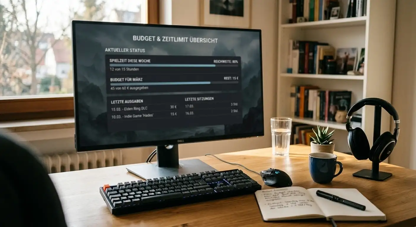 Ruhiger Arbeitsplatz mit Notizen zu Budget und Zeitlimit beim Spielen
