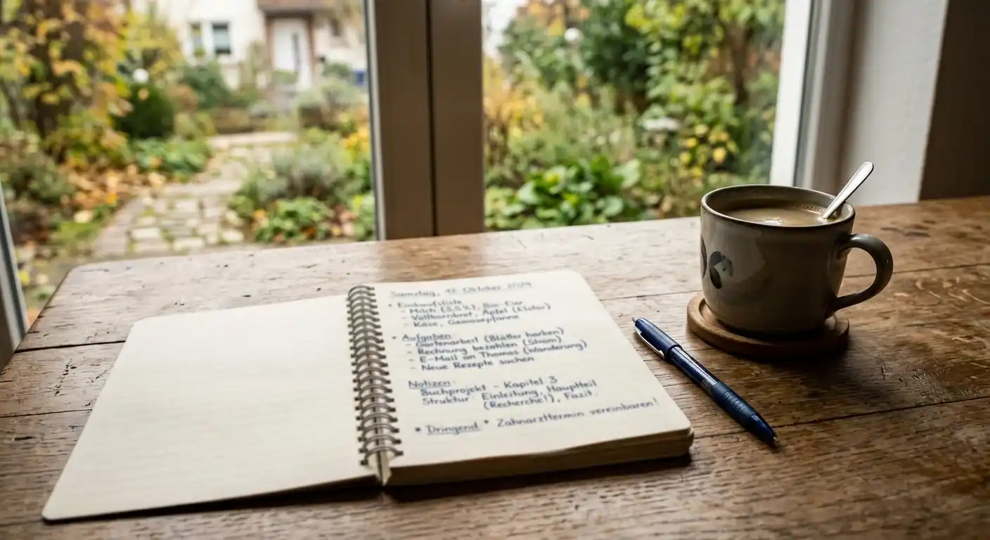 Notizblock mit handschriftlichen Notizen und eine Tasse Kaffee auf einem Holztisch am Fenster