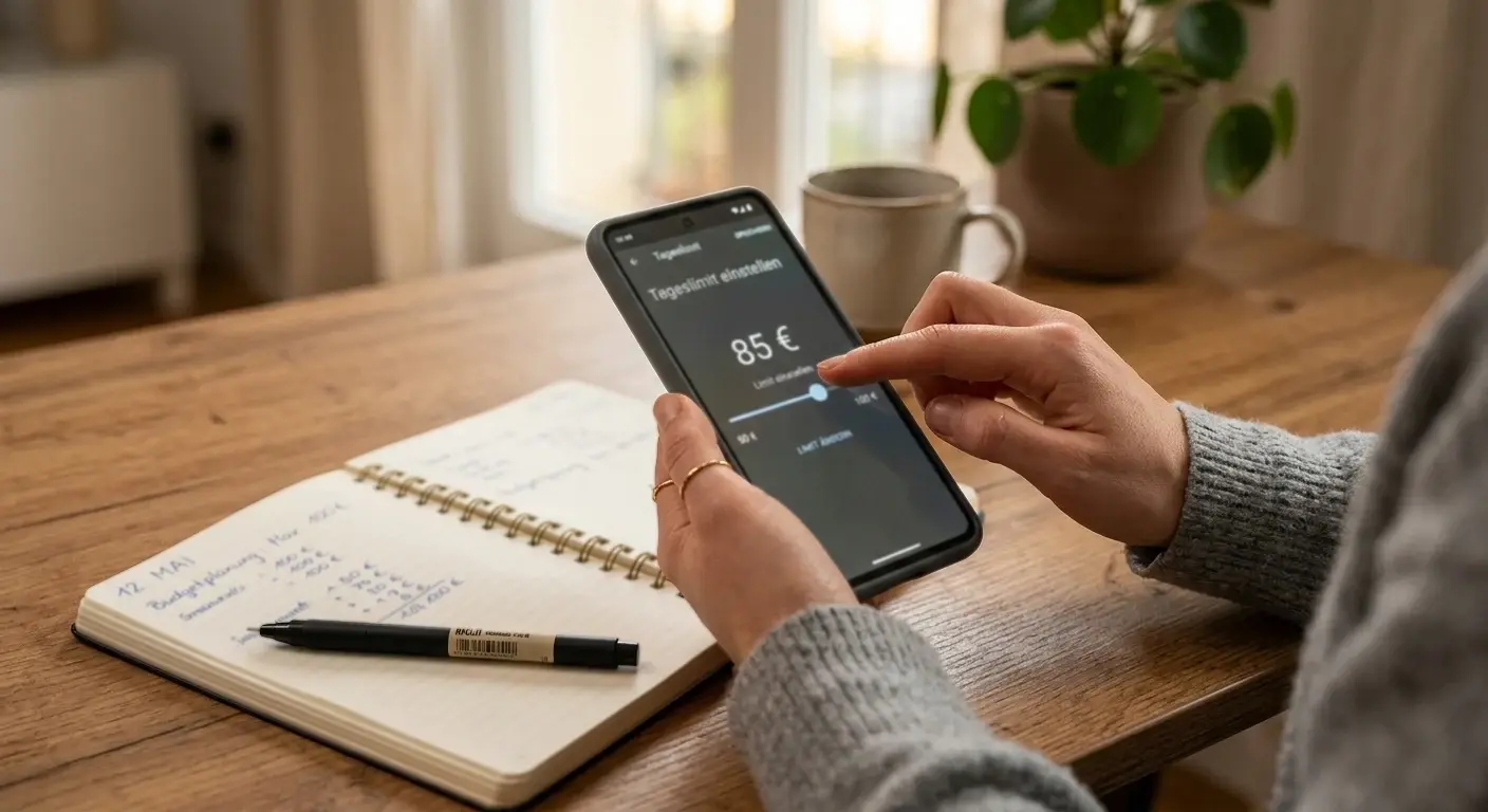 Person stellt auf einem Smartphone mit einfachem Schieberegler ein Limit ein, daneben ein Notizbuch