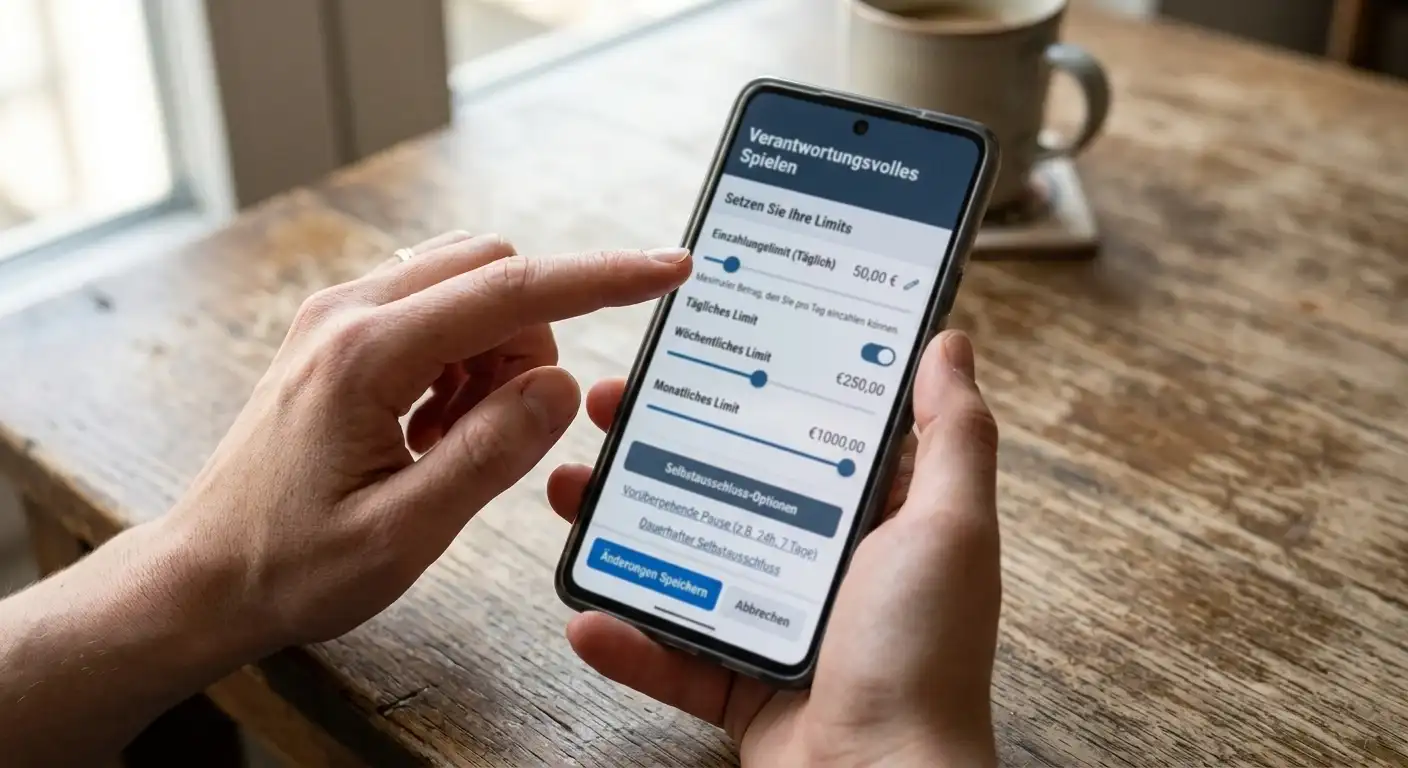 Smartphone-Display zeigt Interface für verantwortungsvolles Spielen mit Limit-Einstellungen und Selbstausschluss-Optionen, Hände passen Einstellungen sorgsam an