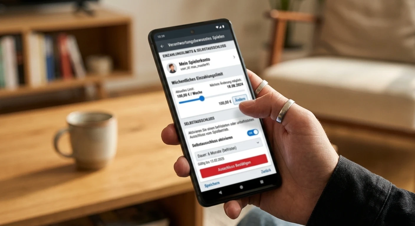 Smartphone mit Einzahlungslimit-Einstellung und Selbstausschluss-Option