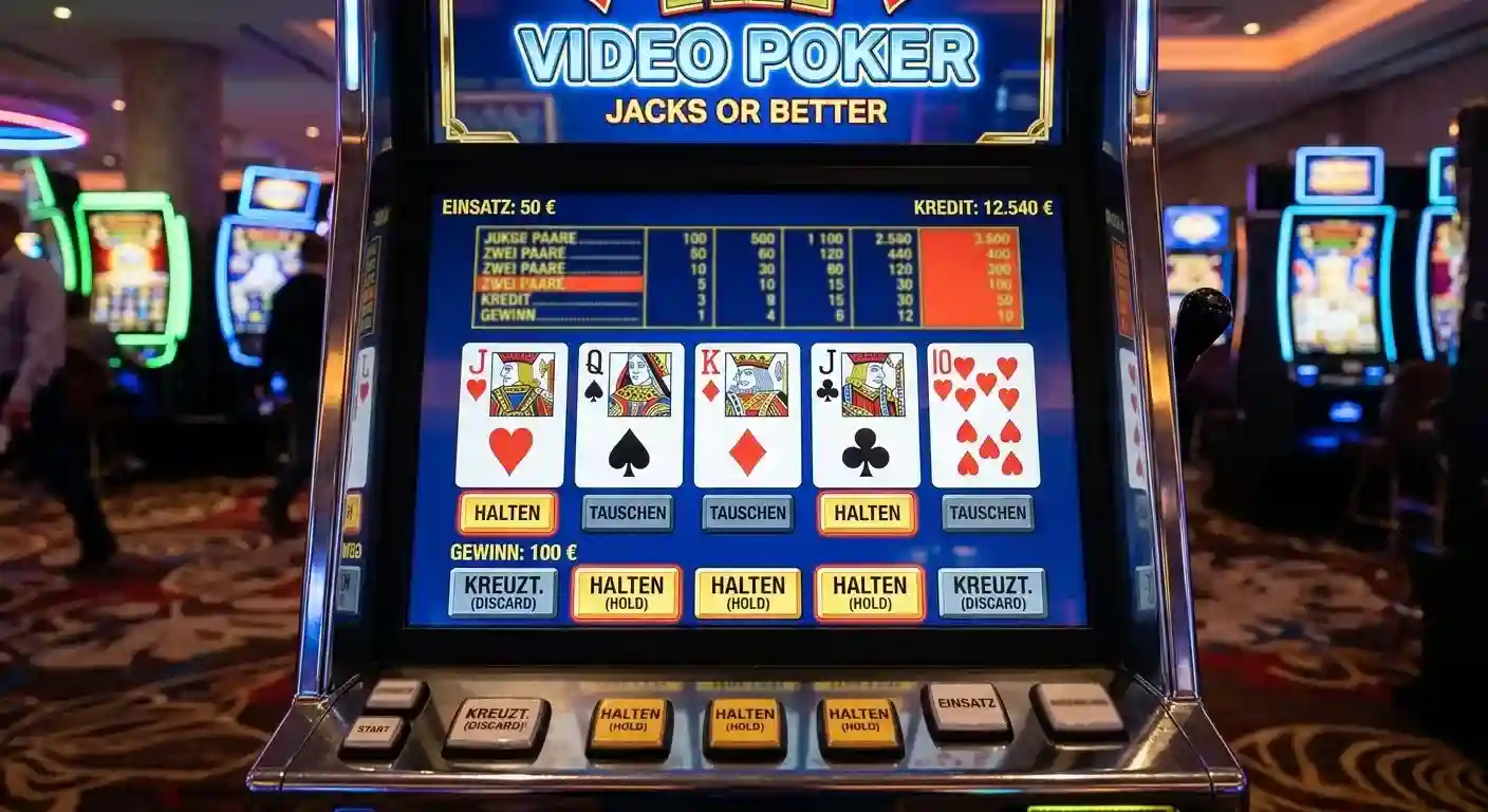 Bildschirm mit Video-Poker-Automatenspiel und fünf Spielkarten zum Halten oder Tauschen