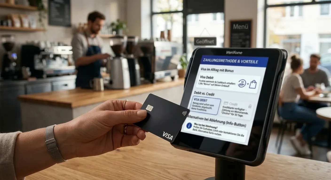 Visa im Alltag mit Bonus, Debit gegen Credit und Alternativen bei Ablehnung