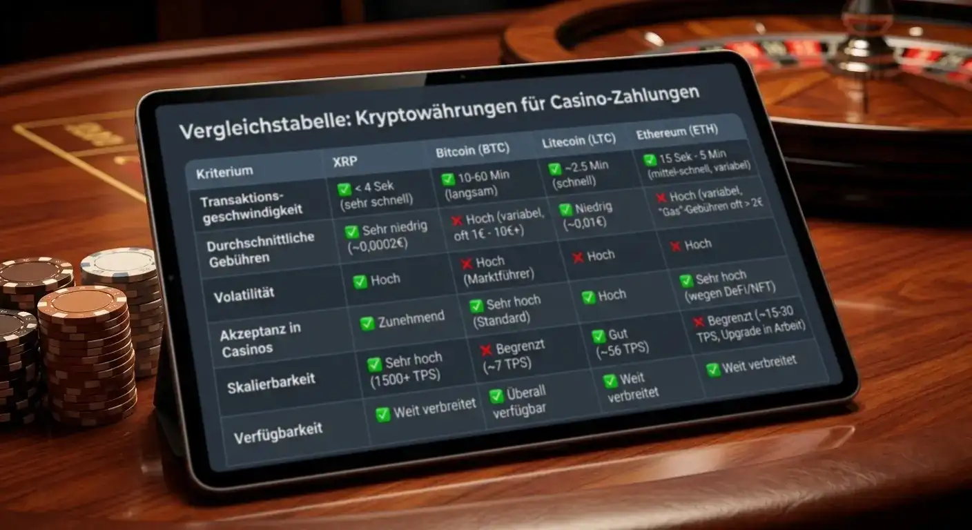 Vergleichstabelle XRP Bitcoin Litecoin Ethereum für Casino-Zahlungen