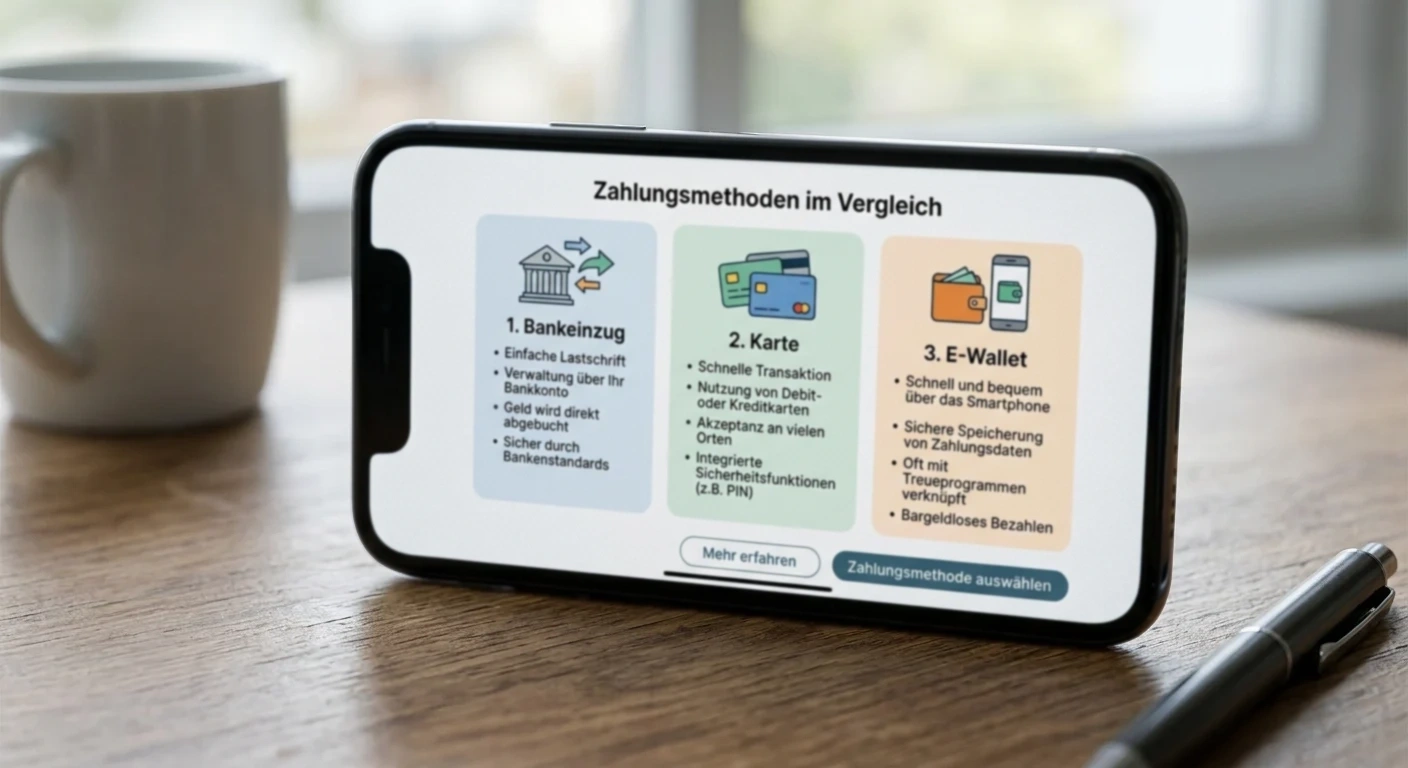 Vergleich von Bankeinzug, Karte und E-Wallet