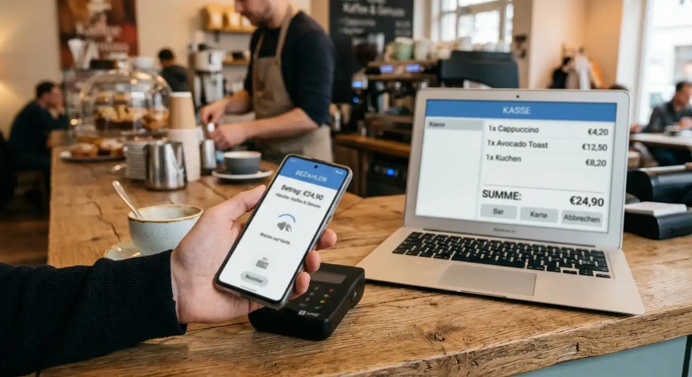 Smartphone mit einer neutralen Bezahl-App, im Hintergrund ein Laptop mit schlichter Kassenansicht