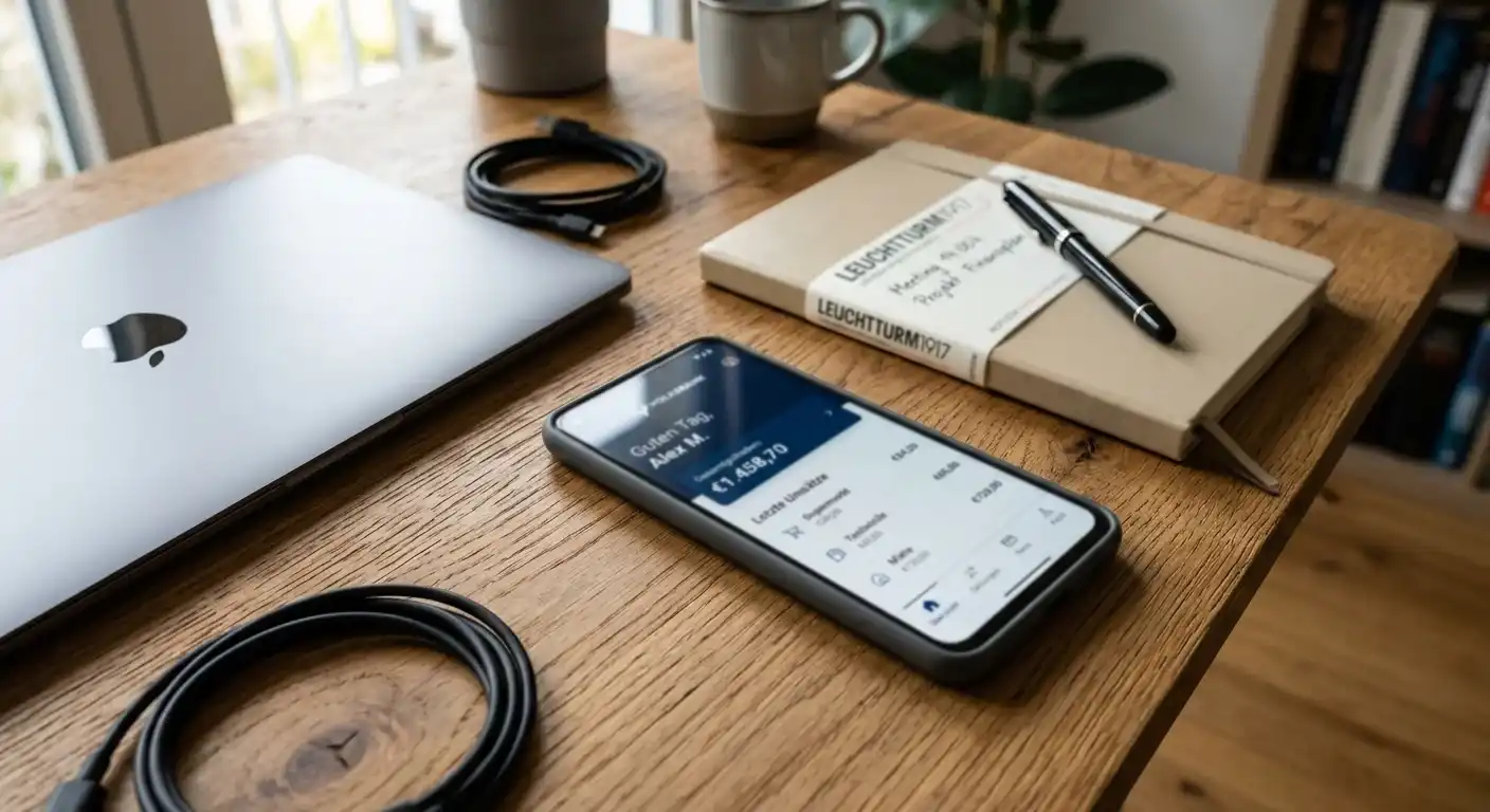 Smartphone mit einer neutralen Banking-App auf einem Schreibtisch neben geschlossenem Laptop und Notizblock