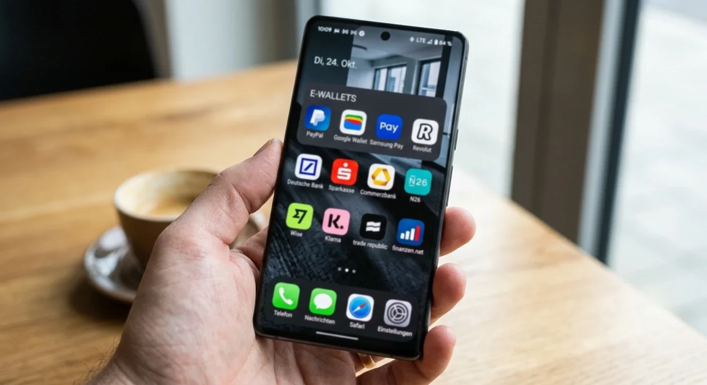 Smartphone mit verschiedenen E-Wallet-Apps und Banking-Symbolen