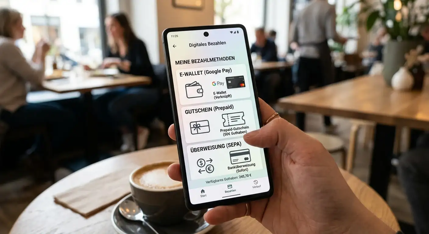 Smartphone mit verschiedenen digitalen Bezahl-Symbolen wie E-Wallet, Prepaid-Gutschein und Überweisung