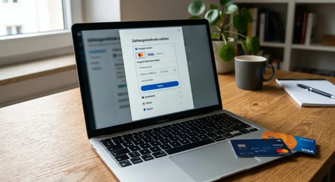 Prepaid-Karten und Laptop mit Zahlungsmethoden-Interface