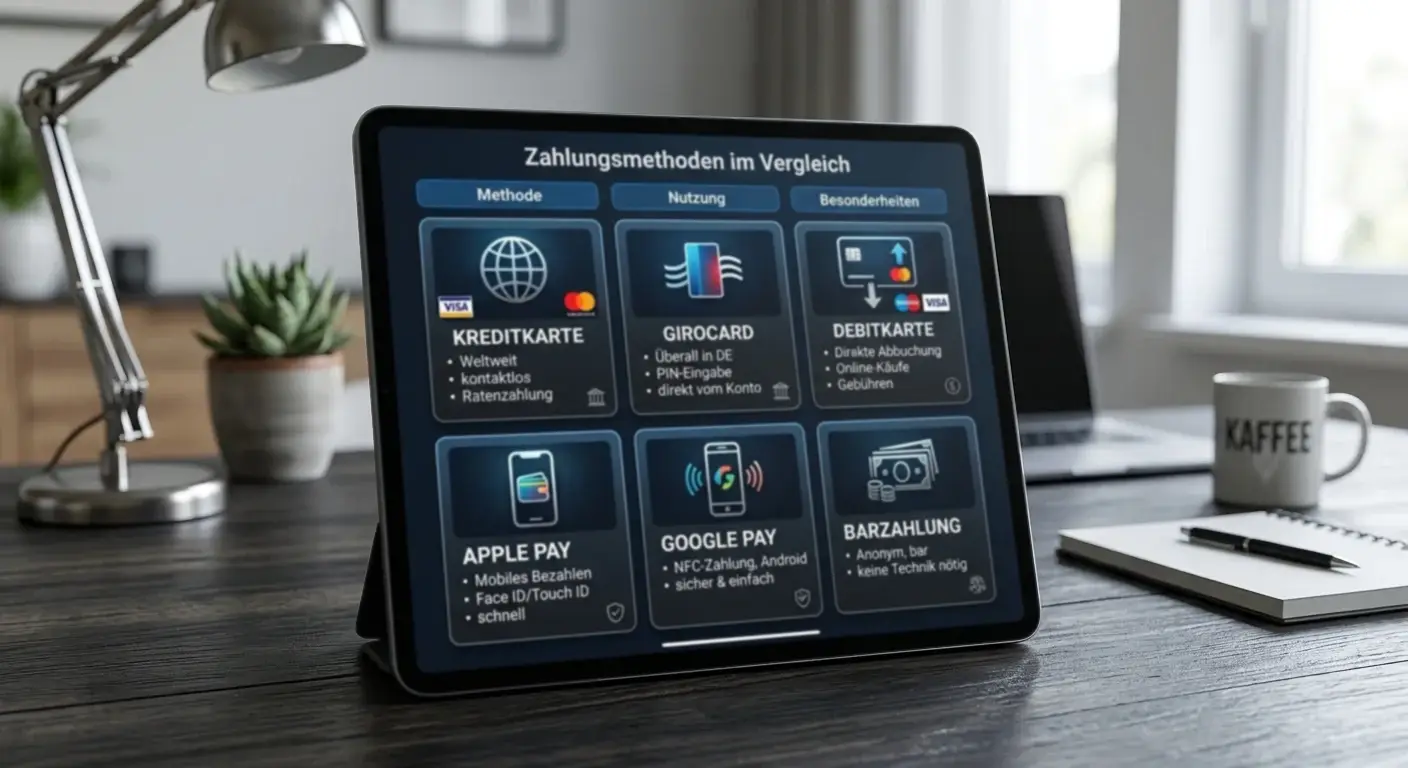 Vergleichsraster verschiedener Zahlungsmethoden-Karten mit abstrakten Symbolen