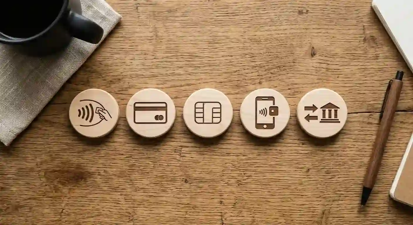 Neutrale Zahlungssymbole als Flat-Lay auf einer Holzoberfläche